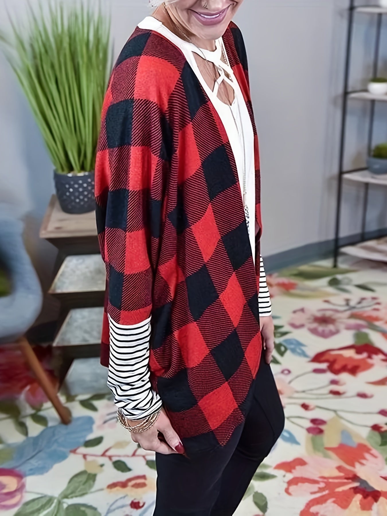 Striped & Plaid Print Long Sleeve Open Front Cardigan