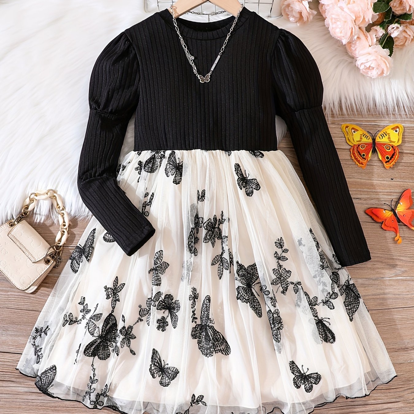 Girls Mesh Butterfly Embroidery Long Sleeve Dress