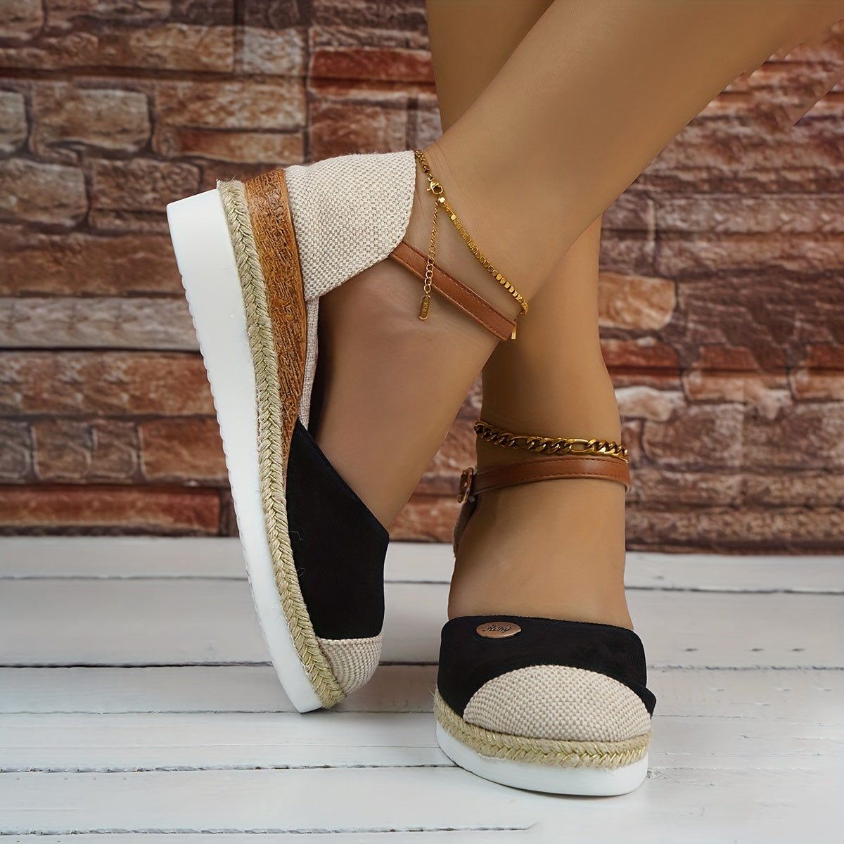 Women's Colorblock Casual Sandals Ankle Strap Buckle Wedge Shoes