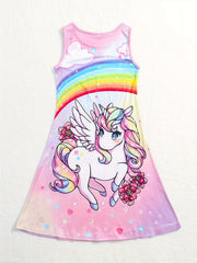 3D Unicorn Print Sleeveless Dress for Girls