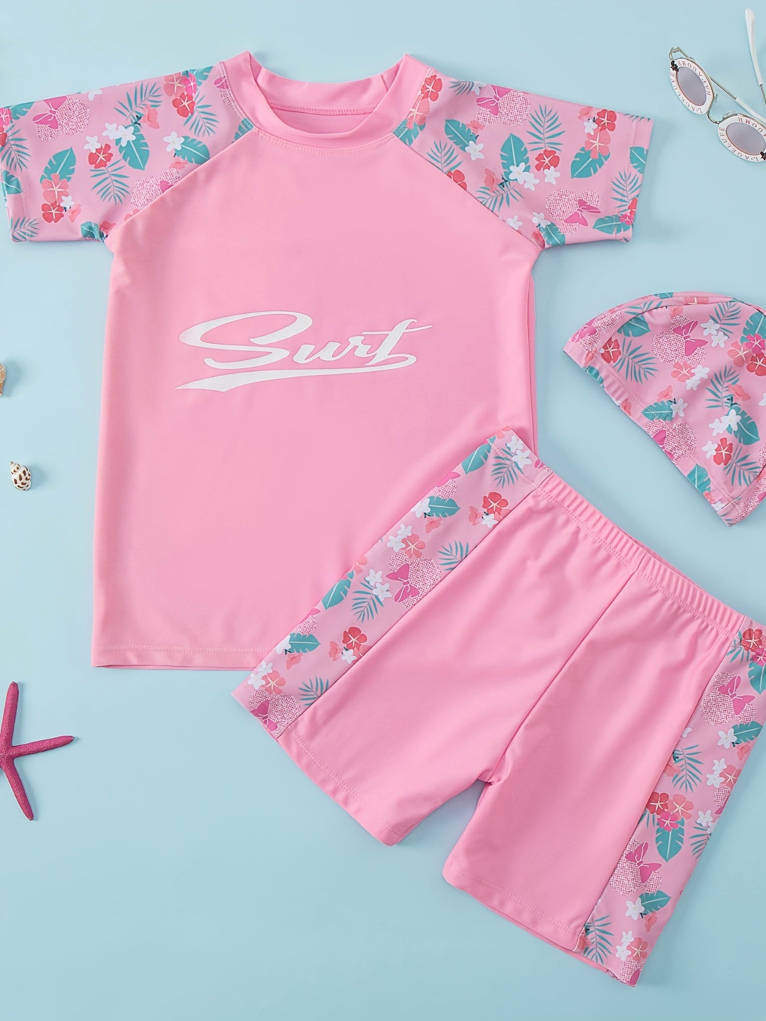 Toddler Girls Bikini Tankini Swimsuit Raglan Sleeve Top Shorts Swimming Cap Set