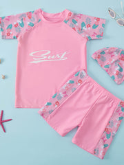 Toddler Girls Bikini Tankini Swimsuit Raglan Sleeve Top Shorts Swimming Cap Set