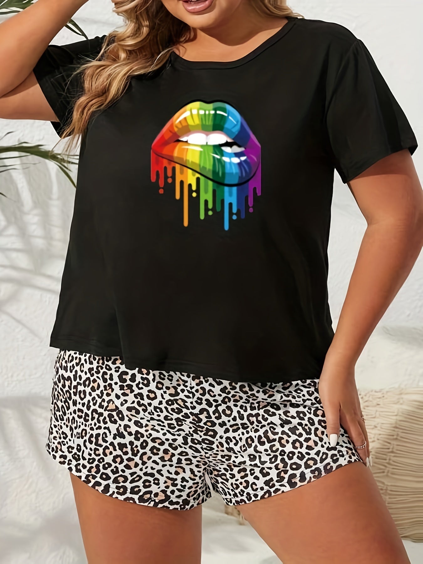 Rainbow Lip Print Short Sleeve Top & Leopard Print Shorts Pajama Set