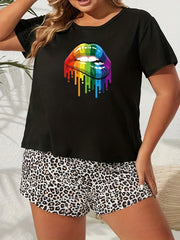 Rainbow Lip Print Short Sleeve Top & Leopard Print Shorts Pajama Set