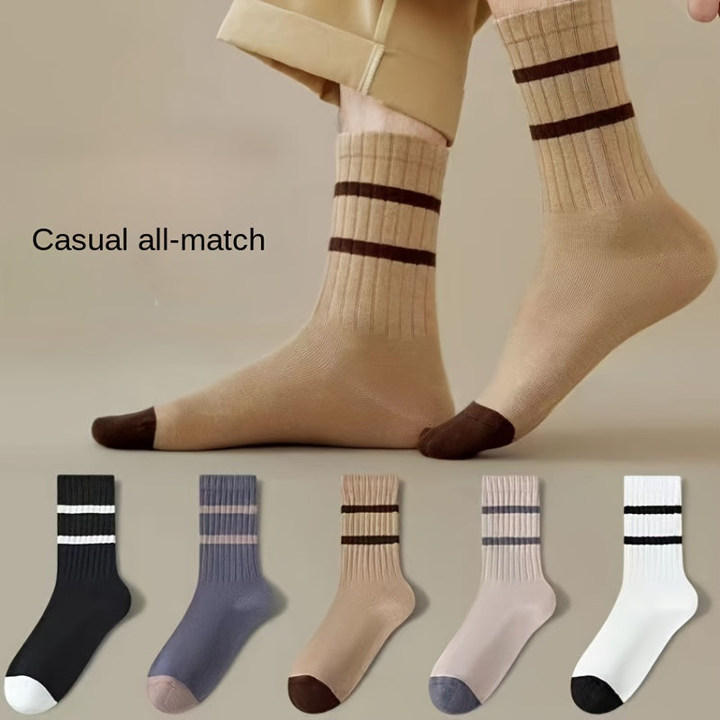 Men's Solid Striped Crew Socks Breathable Comfy Casual Unisex Socks