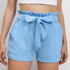 Ruffle Trim Shorts with Tie Waist, Casual Pockets Solid Shorts