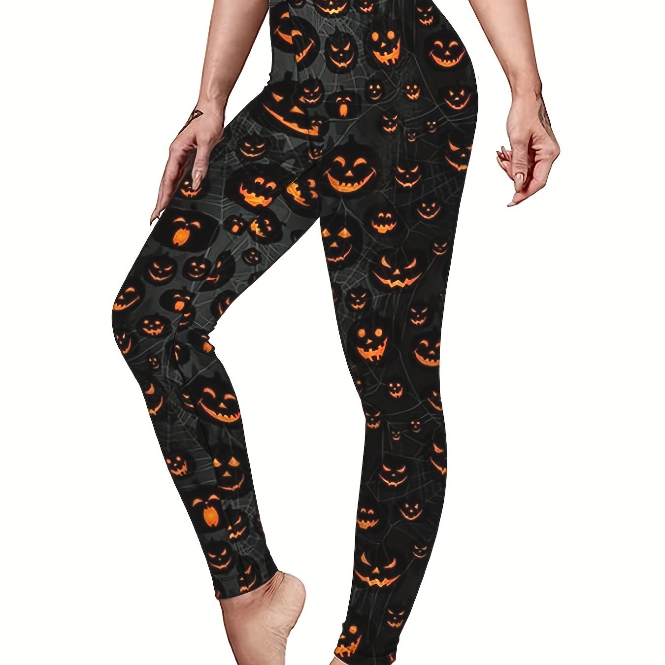 Halloween Sports Leggings Women's Plus Pumpkin & Spiderweb Print