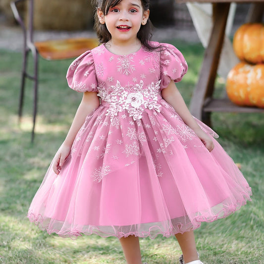 Snow & Pearl Puff Sleeve Birthday Dress