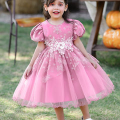 Snow & Pearl Puff Sleeve Birthday Dress