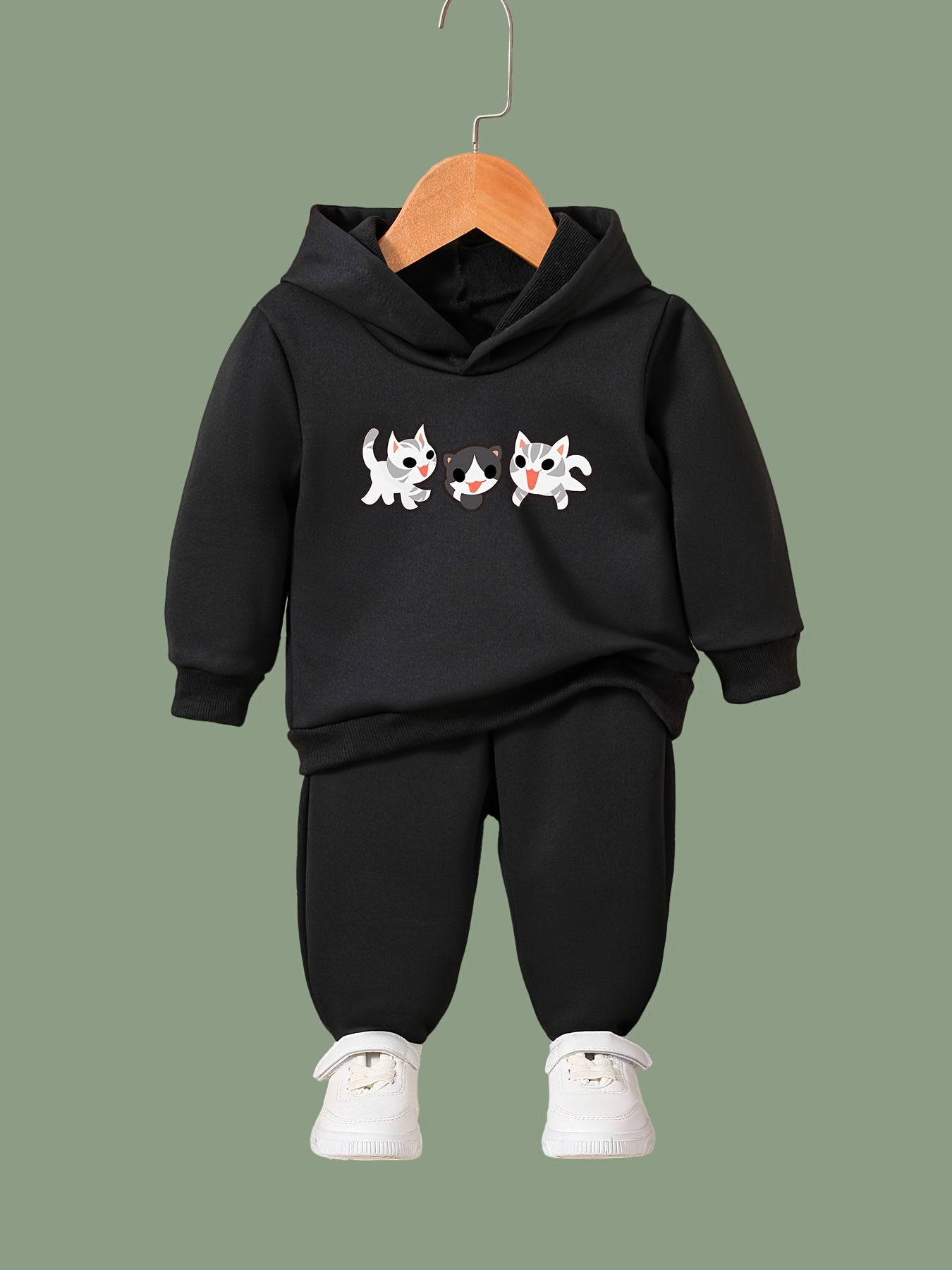 Cartoon Kitty Print Hoodies Pants Set For Spring Fall Sports
