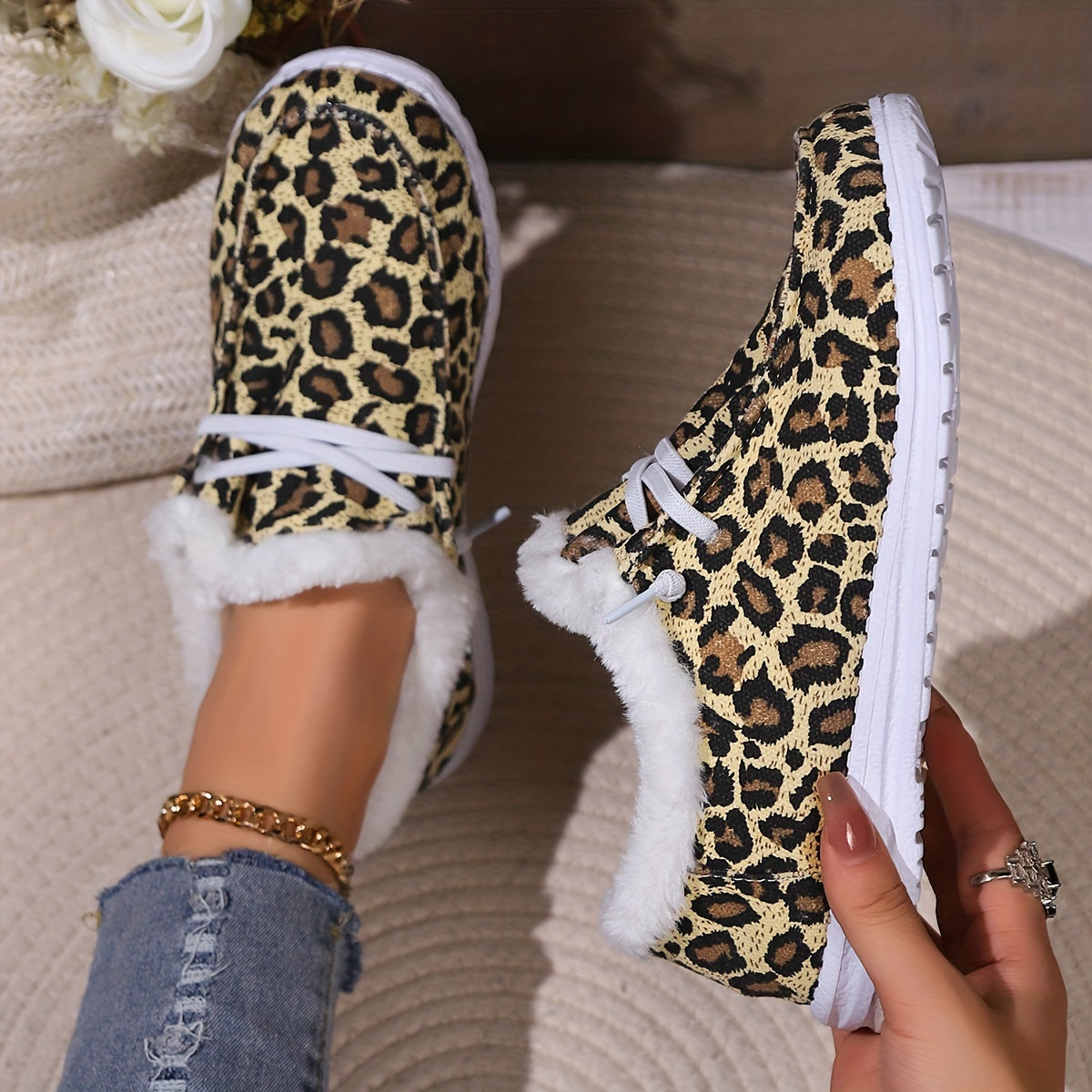 Leopard Print Fleece Snow Boots for Women