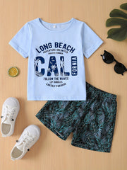 Boys Long Beach CA Casual Outfit T-shirt & Shorts Vacation Beach Kids Summer Set