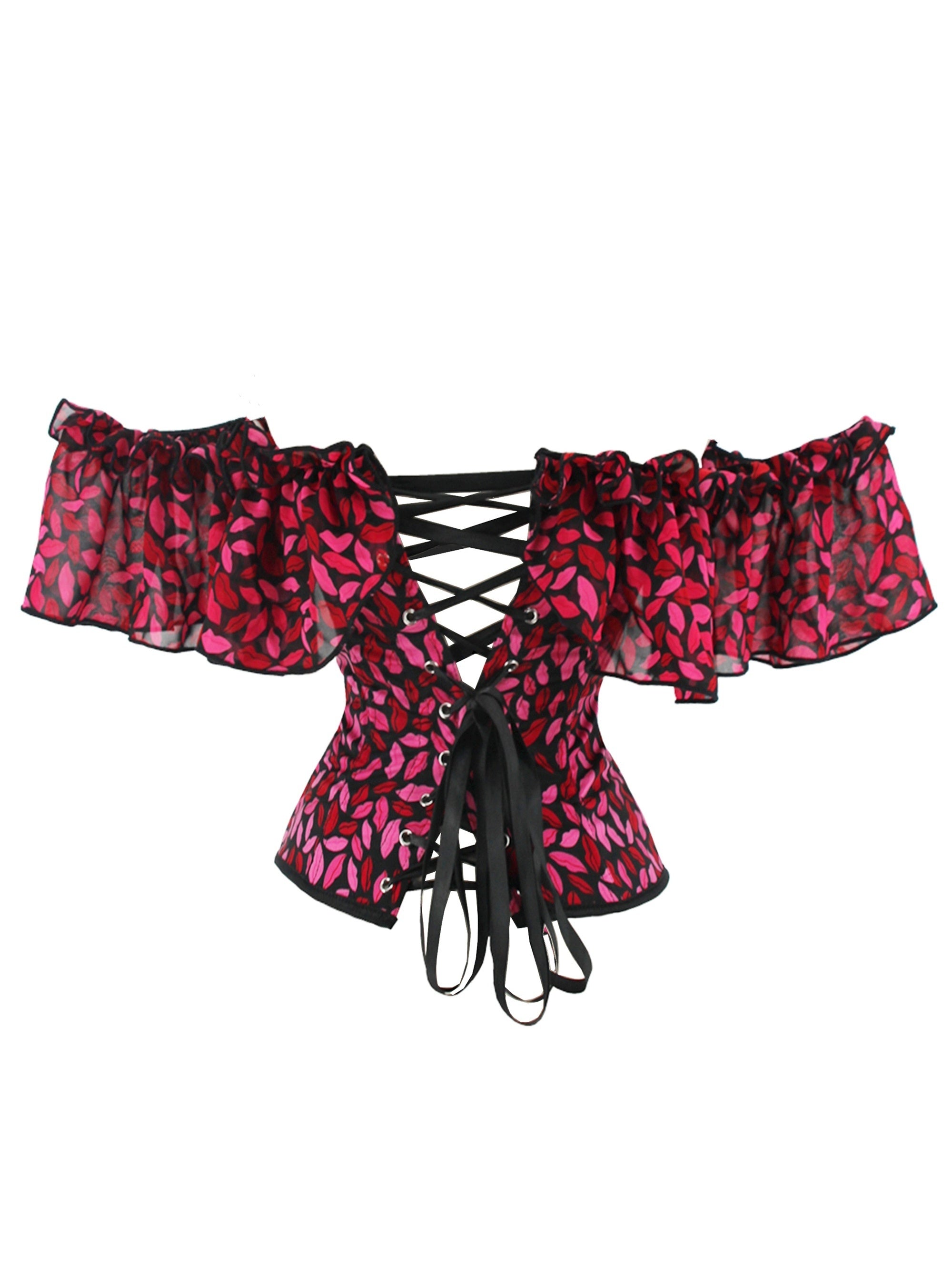Lips Print Corset Bustier Tummy Control Lace Up Body Shaper