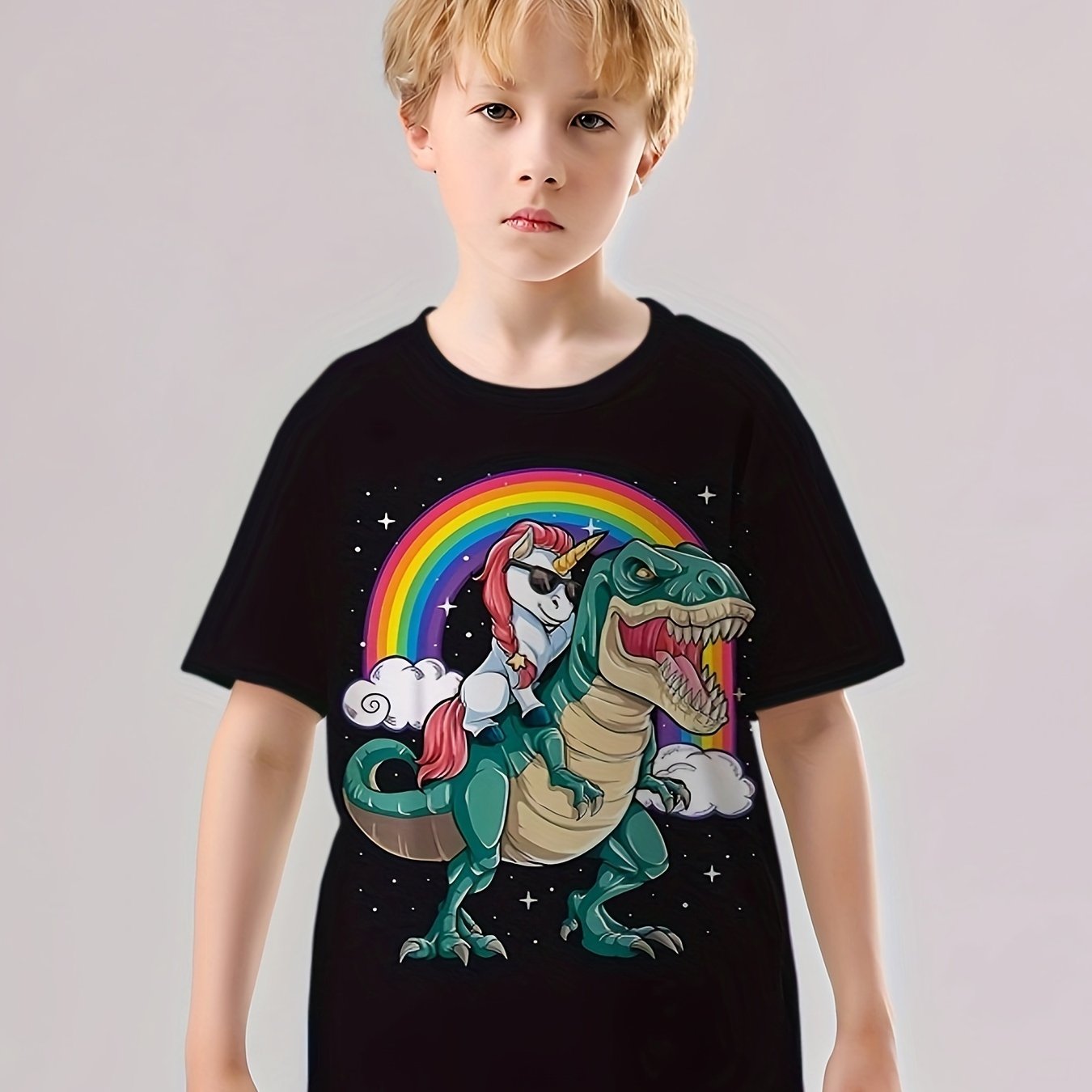 Unicorn Riding Dino Print Boys Creative T Shirt Short Sleeve Tee For Kids
