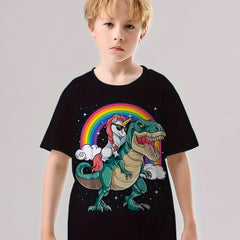 Unicorn Riding Dino Print Boys Creative T Shirt Short Sleeve Tee For Kids