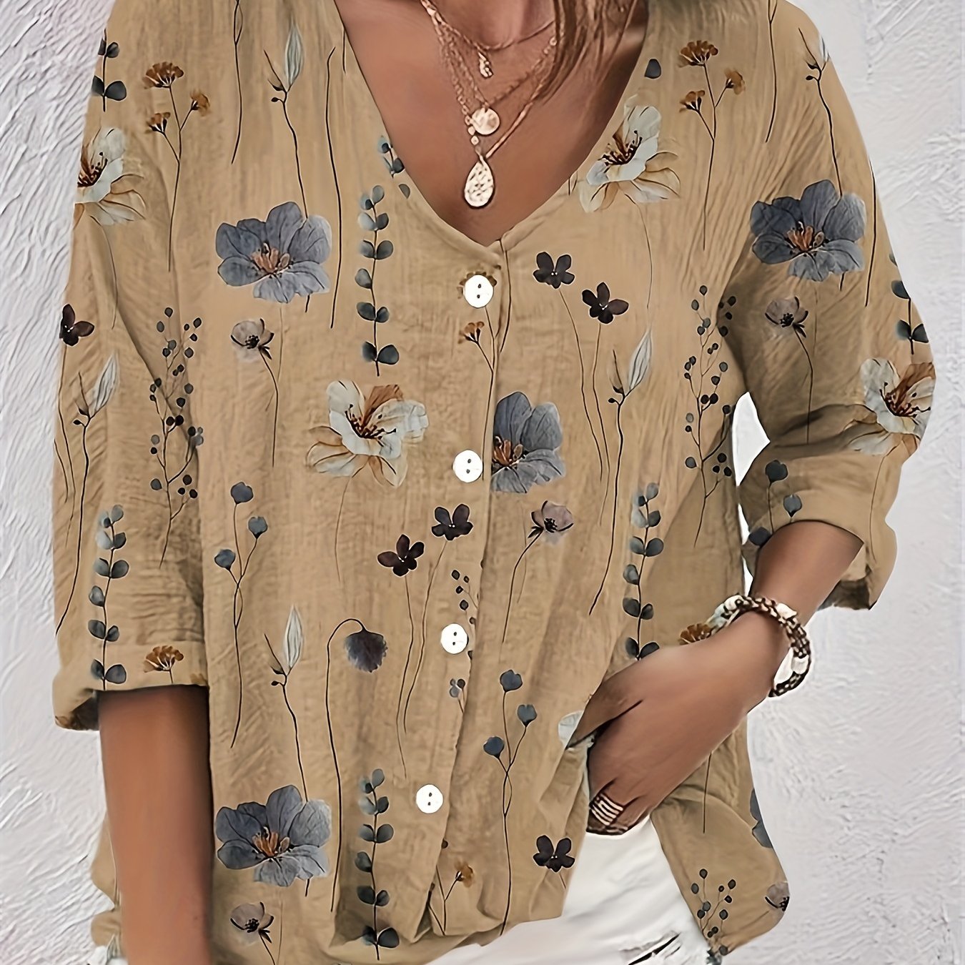 Floral Print Button Up V Neck Top Plus Size