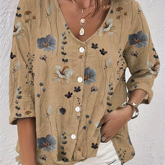 Floral Print Button Up V Neck Top Plus Size