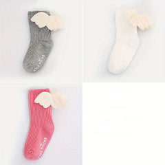 3 Pairs Girls Wing Non-slip Socks, Breathable Soft Socks