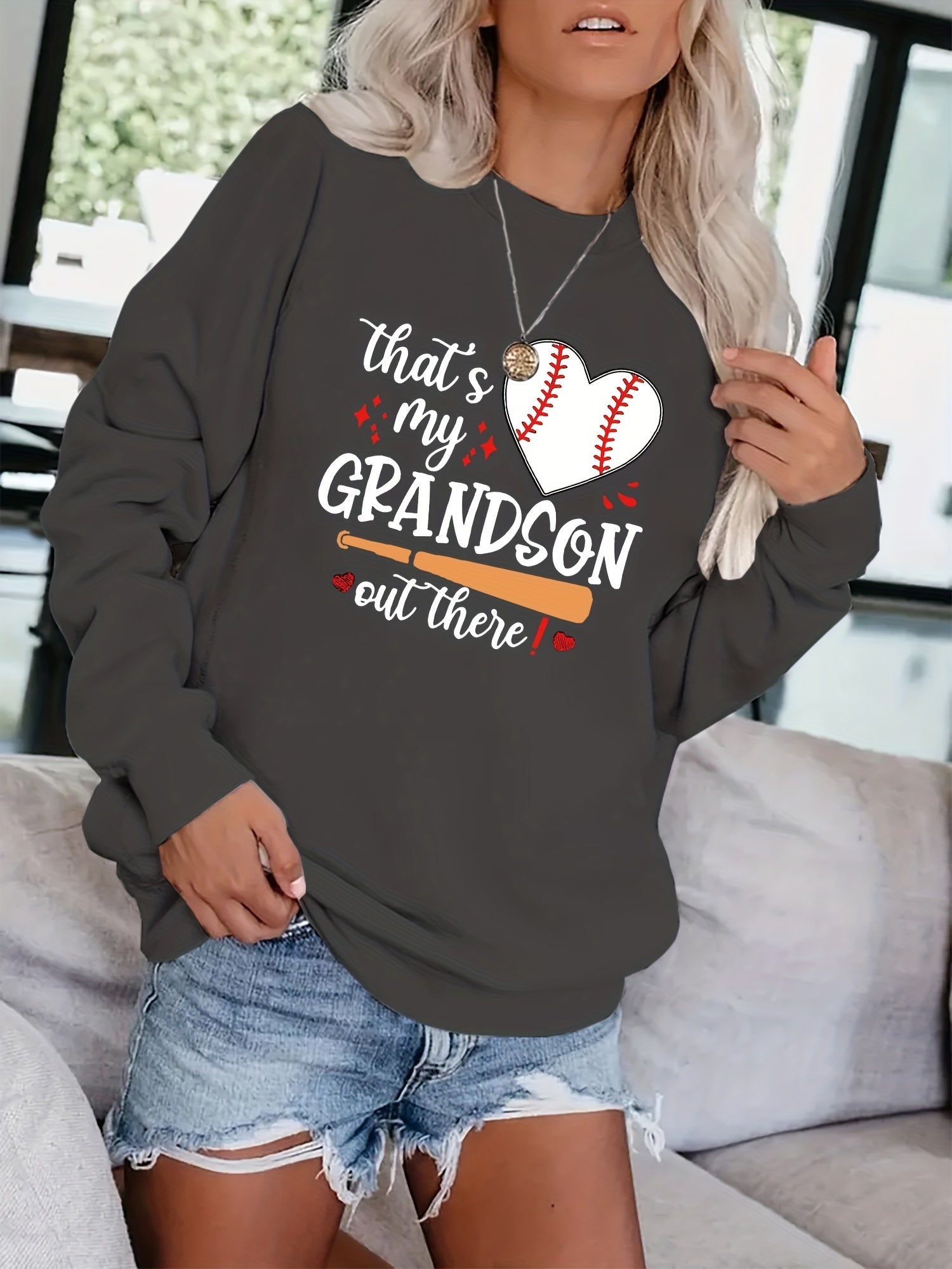 Baseball Graphic & Letter Print Sweatshirt Casual Loose Crew Neck Sweatshirt