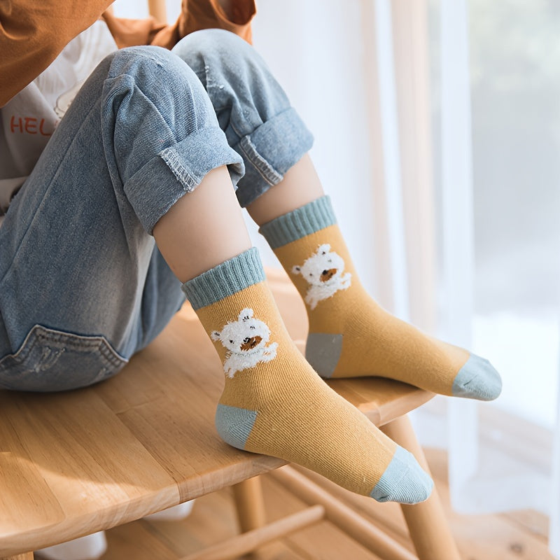 5 Pairs Girl's Cartoon Animals Knitted Socks Cotton Blend Crew Socks