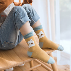5 Pairs Girl's Cartoon Animals Knitted Socks Cotton Blend Crew Socks