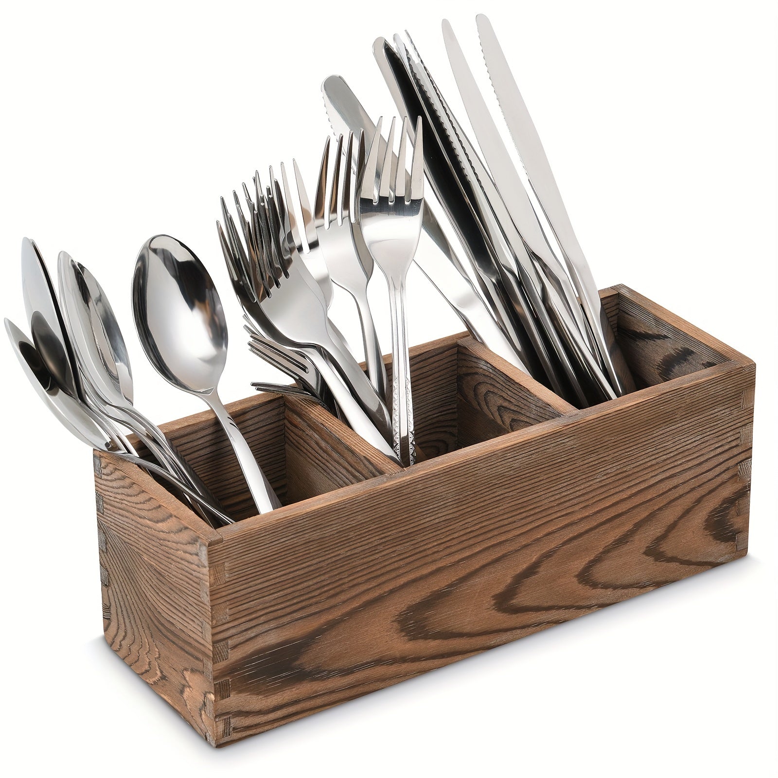 Wooden Cutlery Box with 3 Grids for Utensil Organization