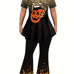 Women's Plus Abstract Pumpkin Lip & Golden Sequin Print Tunic Top & Pants Outfit