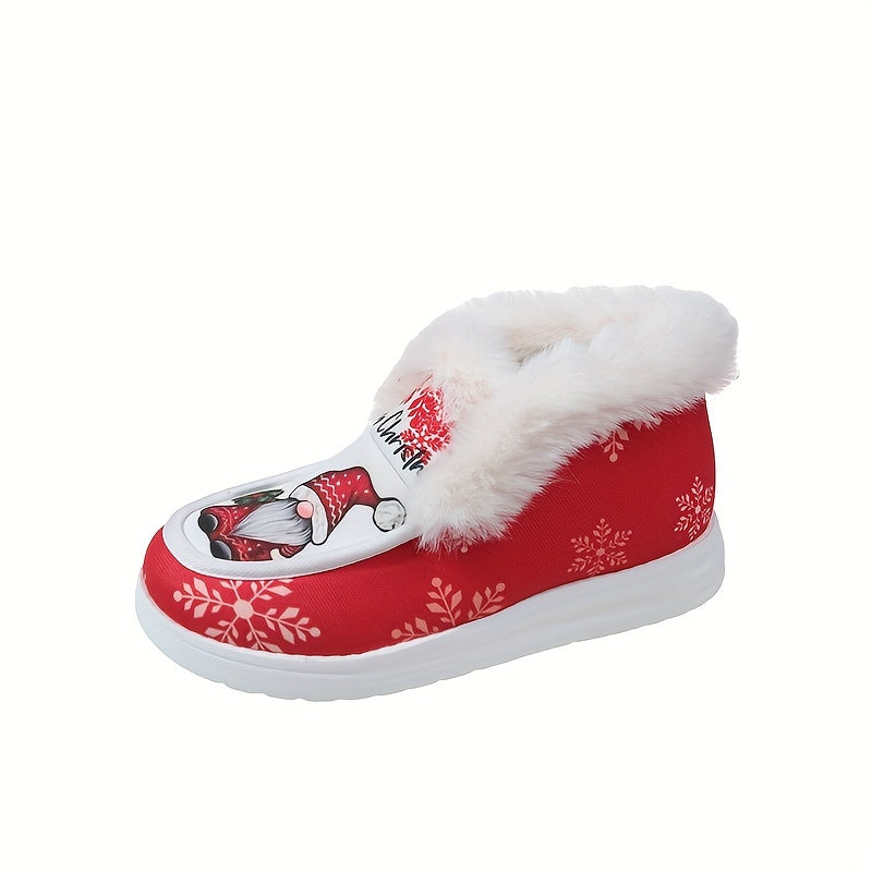 Christmas Snowflake Snowman Print Plush Lined Furry Boat Shoes