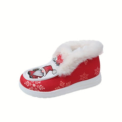Christmas Snowflake Snowman Print Plush Lined Furry Boat Shoes