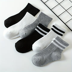 3 Pairs Boys Kids Striped Solid Socks For School Students Breathable Comfy