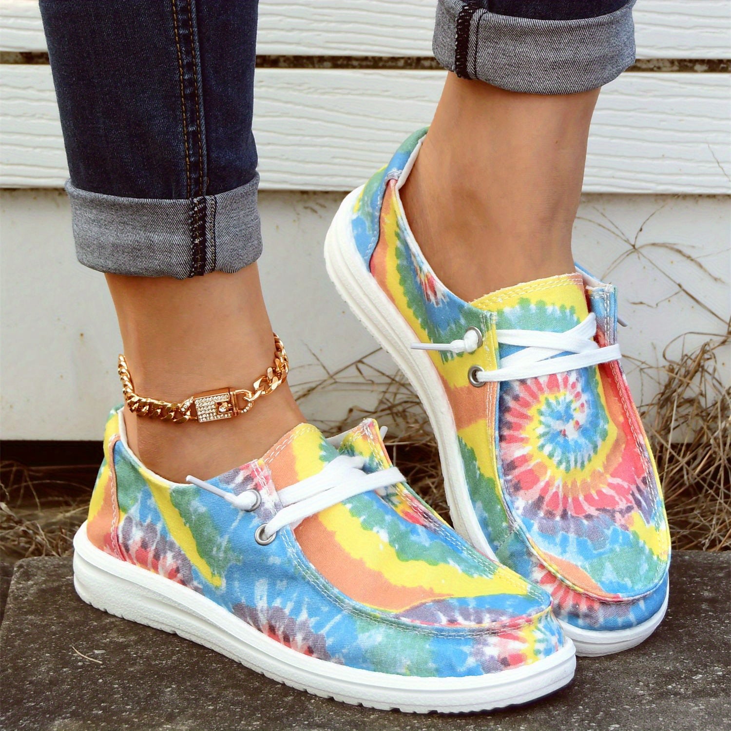 Tie Dye Flower Boat Shoes Lace Up Canvas Lightweight Breathable Walking Shoes