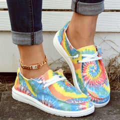 Tie Dye Flower Boat Shoes Lace Up Canvas Lightweight Breathable Walking Shoes