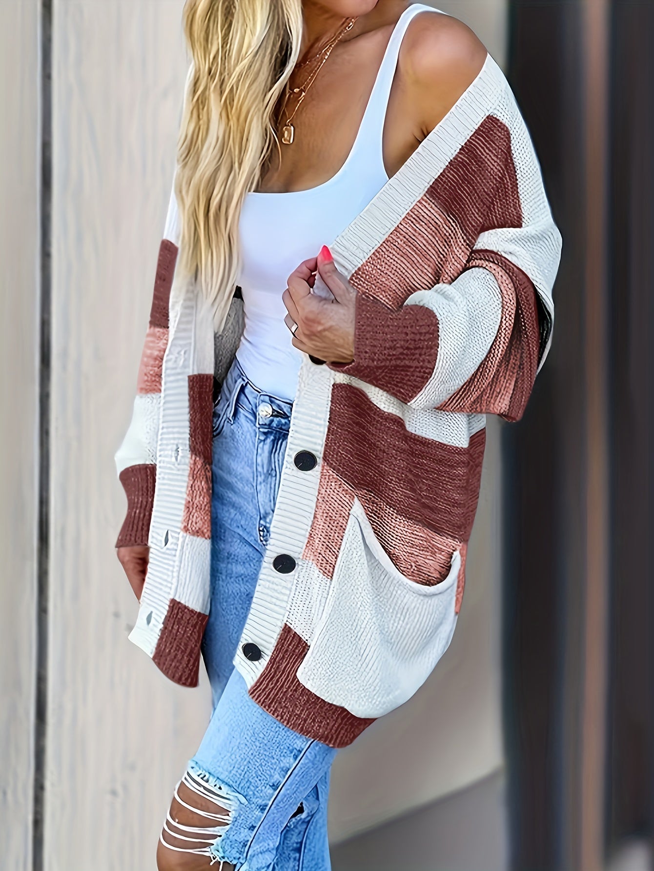 Striped Button Up Pocket Cardigan Long Sleeve Sweater
