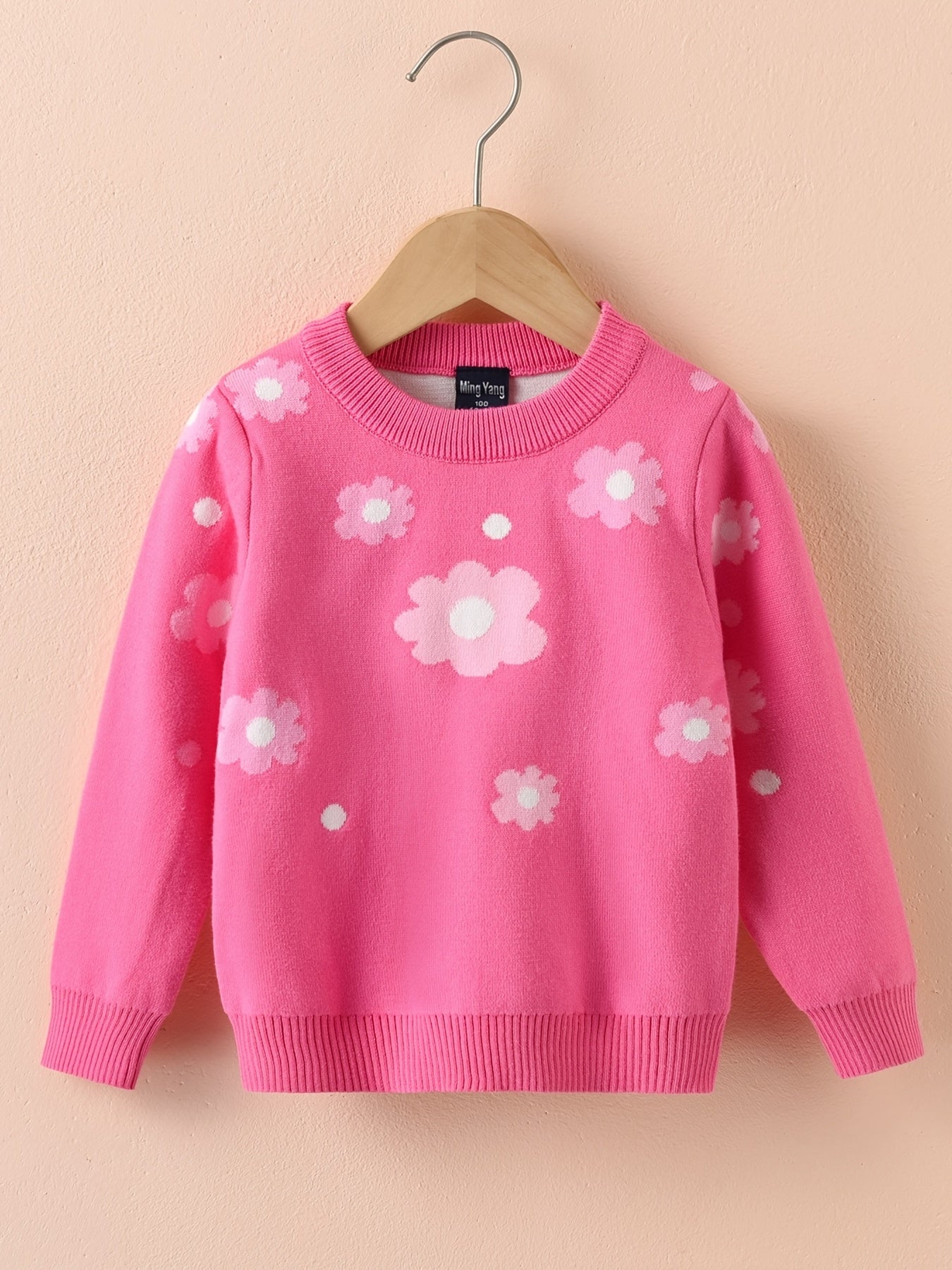 Girls Flower Print Knitted Pullover Sweater for Autumn/Winter