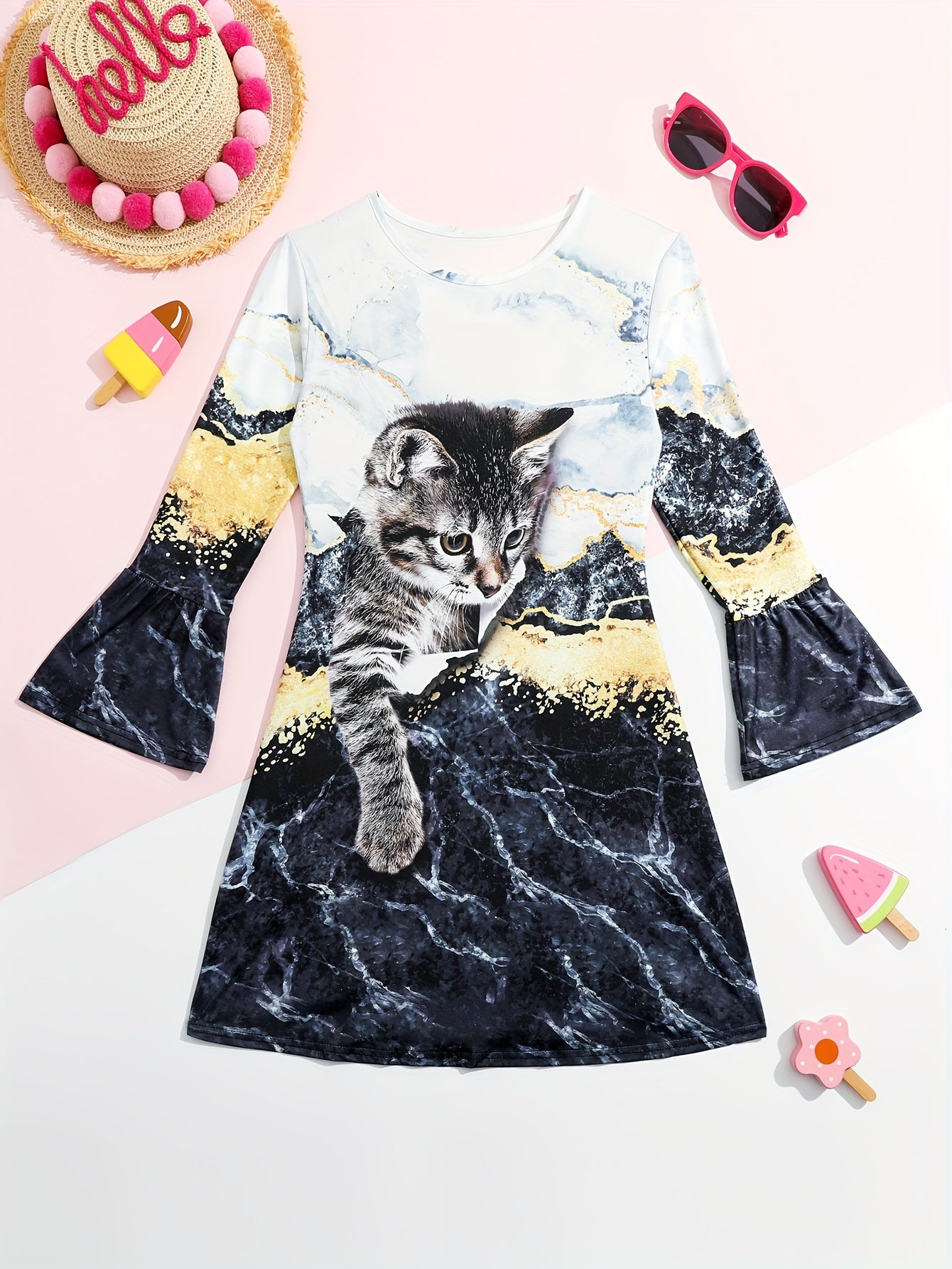 Girls Kitty Graphic Flare Long Sleeve Dress Cartoon Animal Print Dress