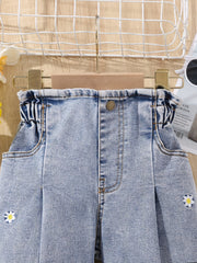 Girls' Daisy Embroidery Straight Leg Jeans For Kids