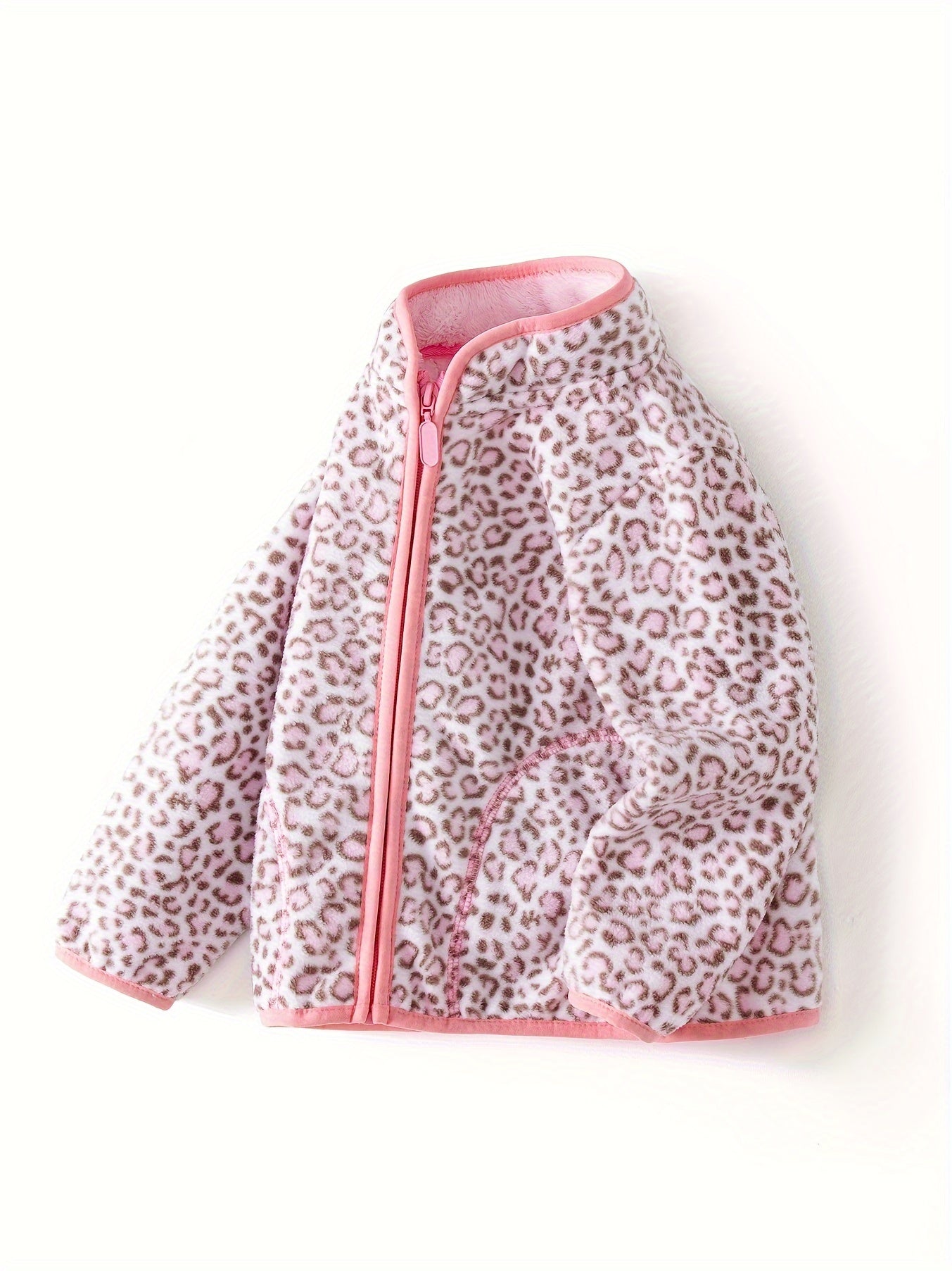 Girls Leopard Print Fleece Jacket, Zip Up Long Sleeve Outerwear
