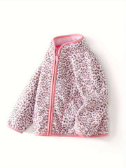 Girls Leopard Print Fleece Jacket, Zip Up Long Sleeve Outerwear
