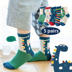 5 Pairs Kids Dinosaur Pattern Sports Socks for Spring and Autumn