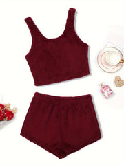 Fuzzy Lounge Set Crew Neck Tank Top & Shorts Women's Loungewear