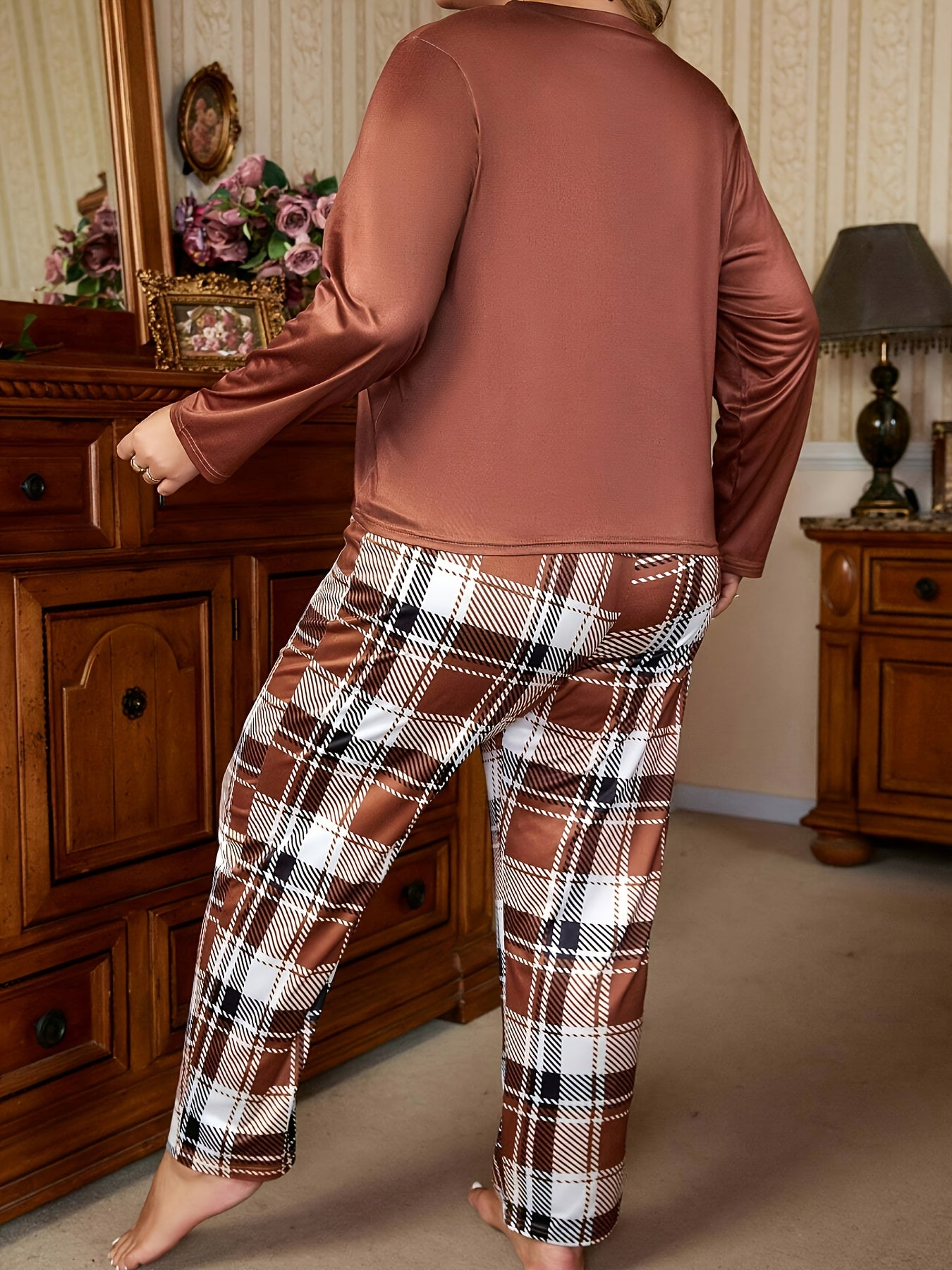 Cat Print Tee & Plaid Pants Lounge Set