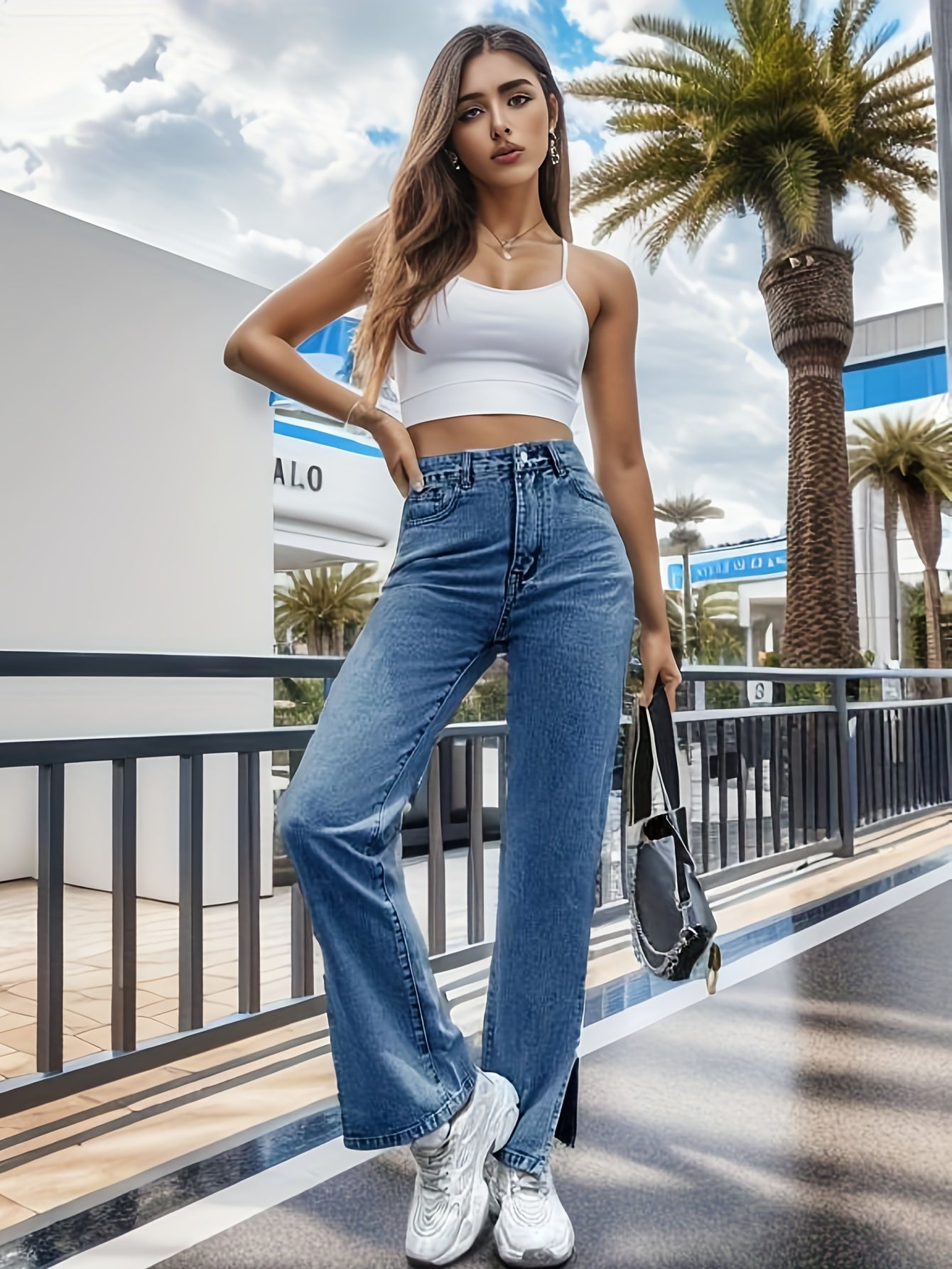 High Waist Split Side Straight Jeans