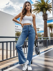 High Waist Split Side Straight Jeans