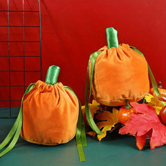 5pcs Pumpkin Candy Bag Halloween Drawstring Gift Bag Velvet Trick Or Treat Bag