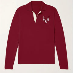 Antlers Pattern Knit Polo Shirt Men's Casual Lapel Middle Stretch V Neck Pullove