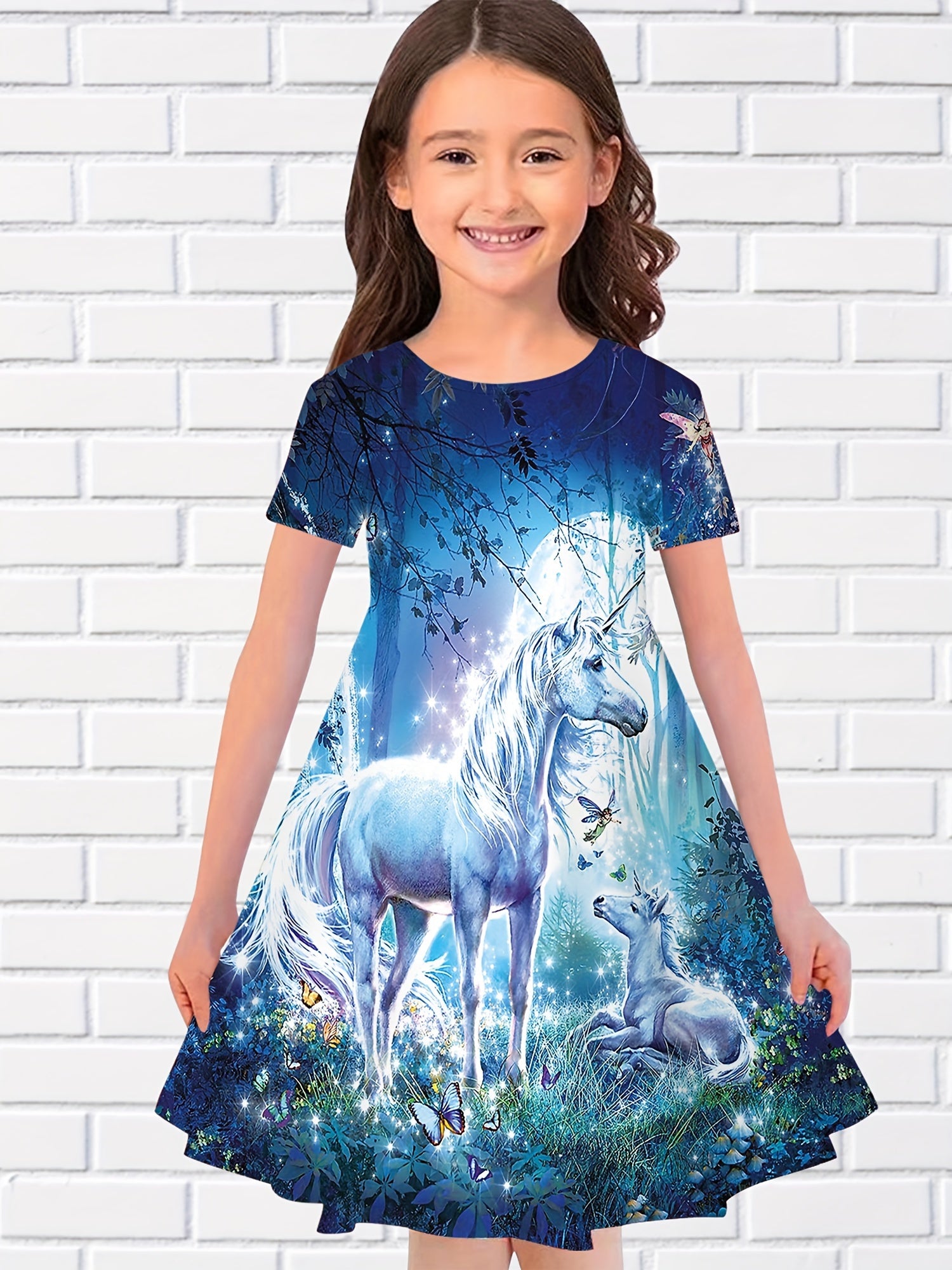 3D Unicorn In Magic Forest Pattern Short Sleeve Dress Girls Comfy Dresses