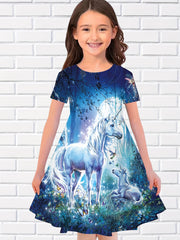 3D Unicorn In Magic Forest Pattern Short Sleeve Dress Girls Comfy Dresses