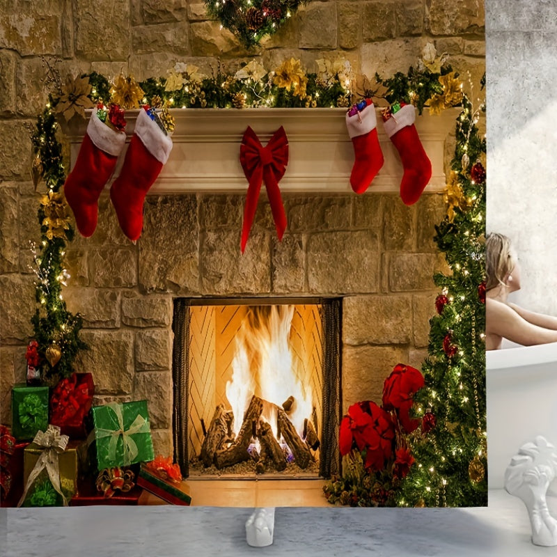 Christmas Fireplace Shower Curtain Set with 12 Hooks