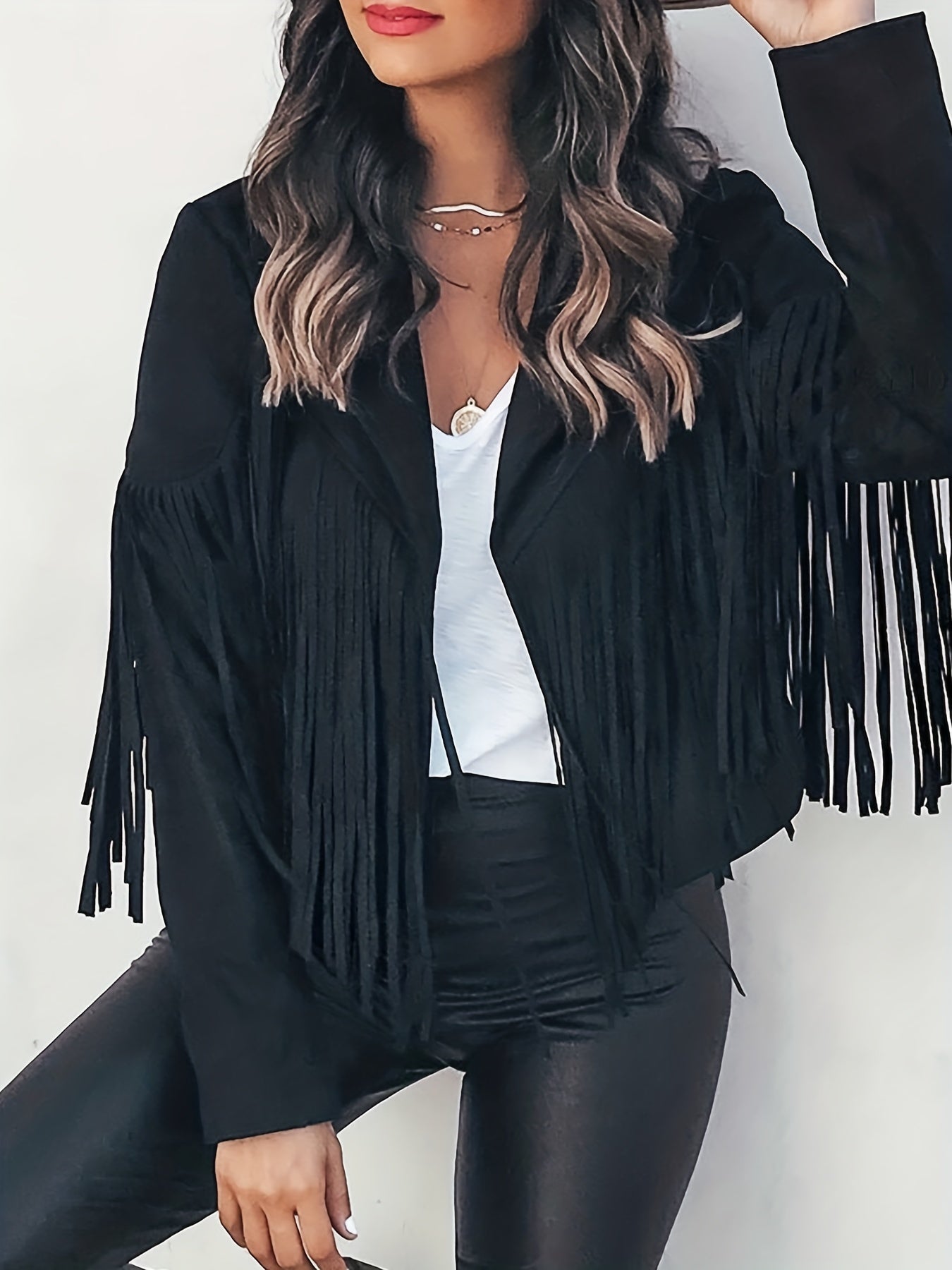 Tassel Cropped Jacket Open Front Long Sleeve Outerwear
