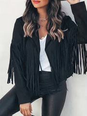 Tassel Cropped Jacket Open Front Long Sleeve Outerwear